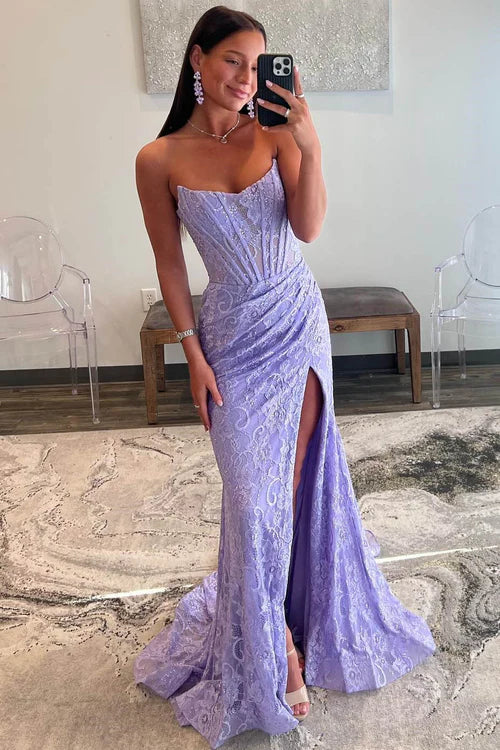 Wholesale Lavender Evening Dress Strapless Lace Ruched Mermaid Prom Dress with Slit