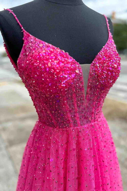 Wholesale Fashion Straps Evening Dress Neon Pink Beaded A-Line Long Formal Dress