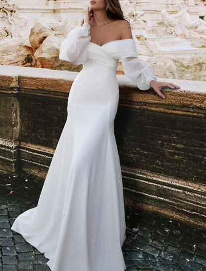 Wholesa Reception Casual Wedding Dresses Mermaid / Trumpet Off Shoulder Long Sleeve Sweep / Brush Train Satin Bridal Gowns With Ruched