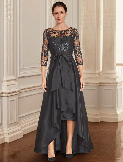 Wholesa  A-Line Mother of the Bride Dress Formal Wedding Guest Elegant Black Dress Jewel Neck Asymmetrical Lace Italy Satin 3/4 Length Sleeve with Lace Bow(s) Sequin