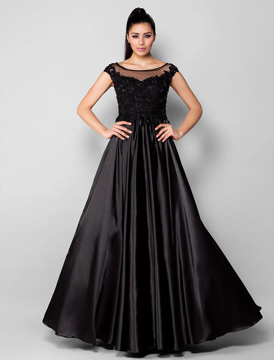 Wholesa Ball Gown Minimalist Formal Evening Dress Illusion Neck Short Sleeve Floor Length Stretch Satin with Beading Appliques