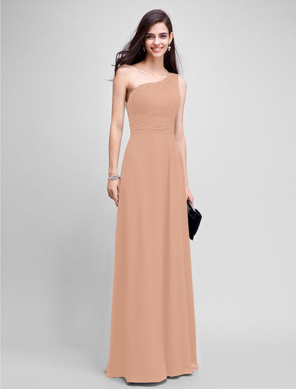 Wholesa Sheath / Column Empire Dress Wedding Guest Formal Evening Floor Length Sleeveless One Shoulder Bridesmaid Dress Chiffon with Ruched Beading