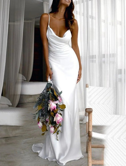 Wholesa Beach Simple Wedding Dresses Sheath / Column Square Neck Camisole Spaghetti Strap Sweep / Brush Train Stretch Fabric Bridal Gowns With Ruched Solid Color