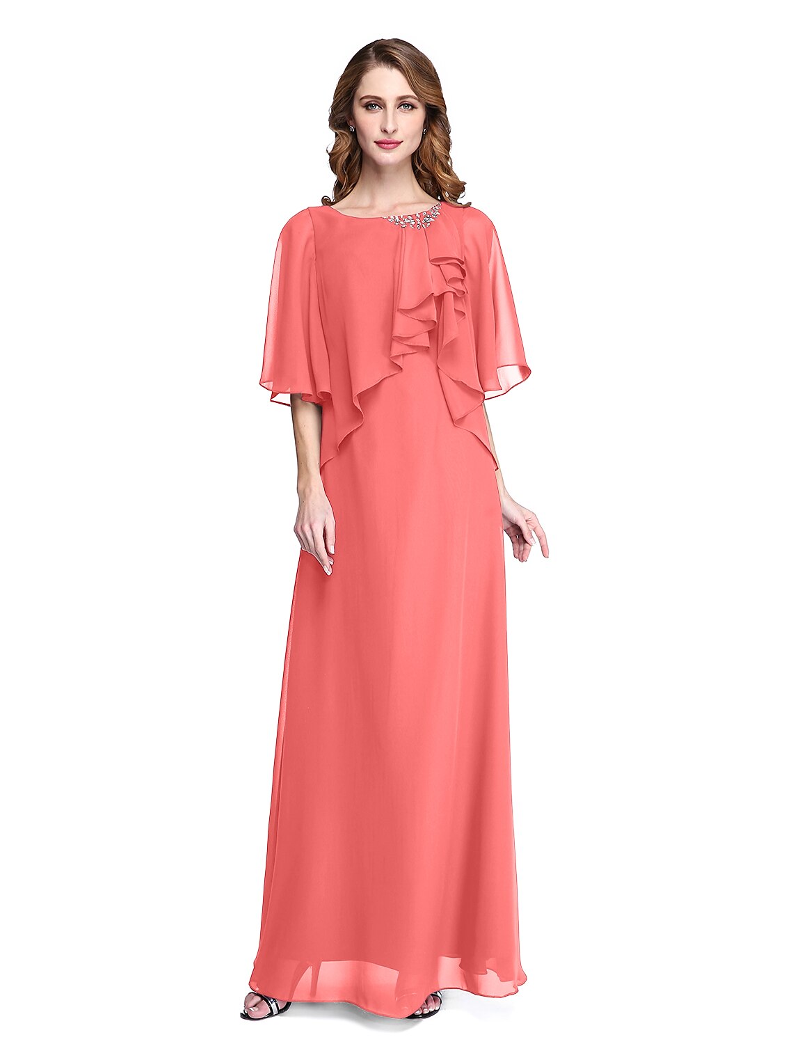 wholesale Sheath / Column Mother of the Bride Dress Elegant Open Back Jewel Neck Floor Length Chiffon Half Sleeve with Pleats Beading Ruffle