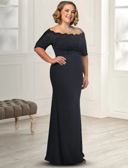 Wholesa  Sheath / Column Mother of the Bride Dress Plus Size Elegant Off Shoulder Floor Length Chiffon Lace Half Sleeve with Appliques