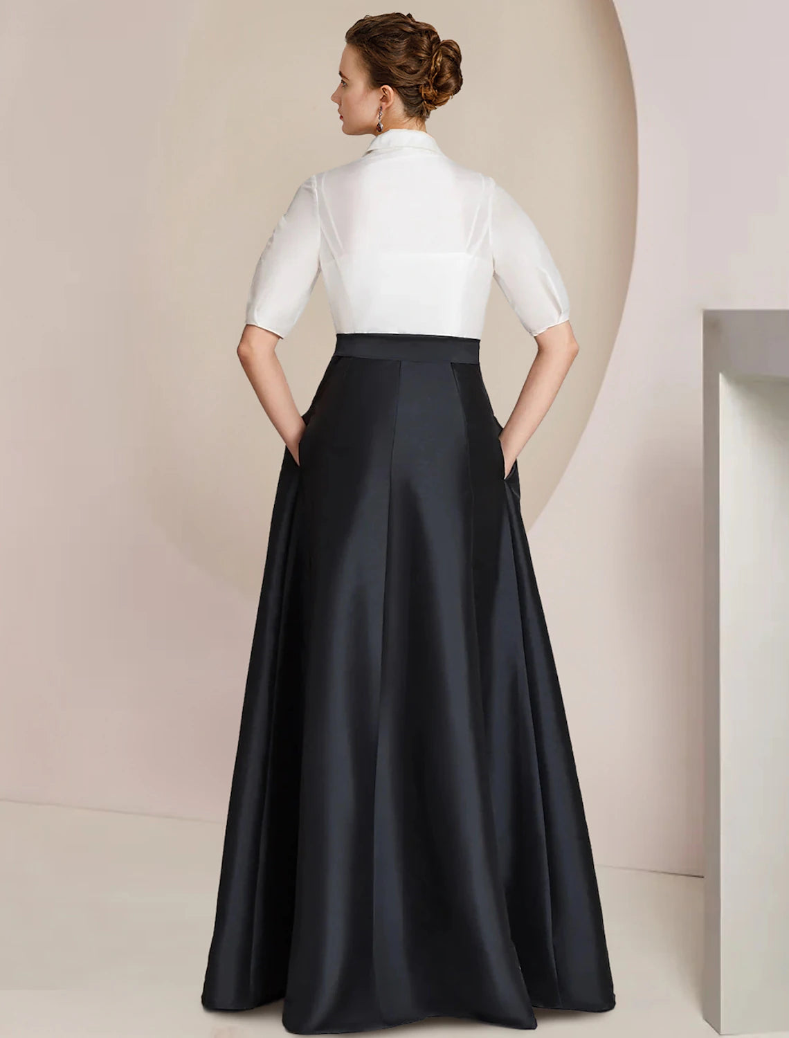 Wholesa A-Line Mother of the Bride Dress Formal Wedding Guest Party Elegant Shirt Collar Floor Length Taffeta Short Sleeve with Bow(s) Color Block