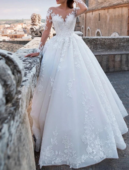 Wholesale Engagement Sexy Fall Formal Wedding Dresses Ball Gown V Neck Long Sleeve Chapel Train Lace Bridal Gowns With Appliques 2023 Summer Wedding Party