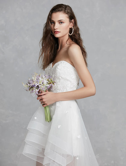 Wholesale Reception Little White Dresses Wedding Dresses A-Line Sweetheart Strapless Asymmetrical Lace Bridal Gowns With Appliques Summer Wedding Party