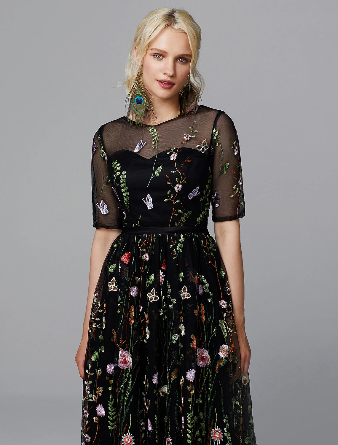 Wholesale A-Line Floral Dress Holiday Tea Length Half Sleeve Illusion Neck Lace with Embroidery Appliques