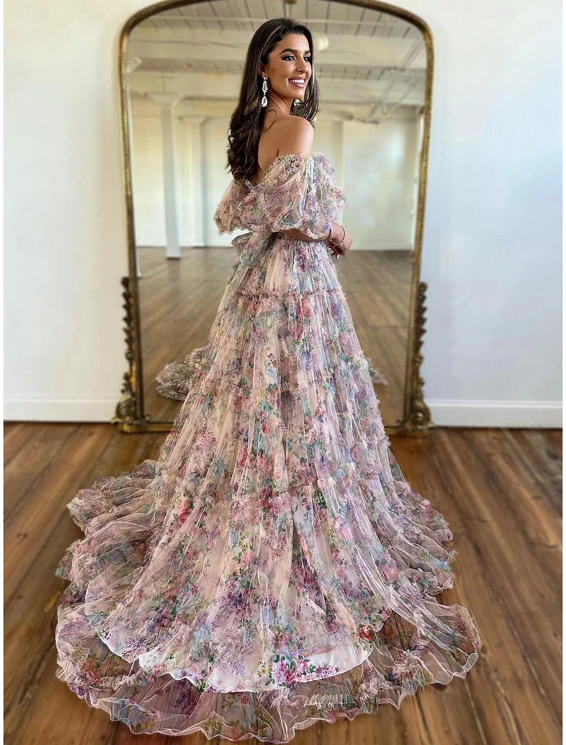 Wholesa A-Line Prom Dresses Floral Dress Wedding Guest Quinceanera Floor Length Short Sleeve Sweetheart Tulle with Ruffles