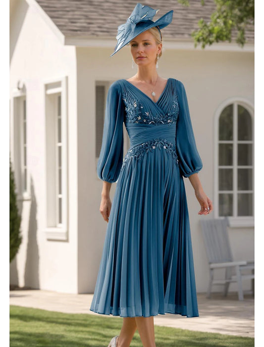 Wholesale A-Line Formal Mother of the Bride Dress V Neck Tea Length Chiffon 3/4 Length Sleeve with Lace