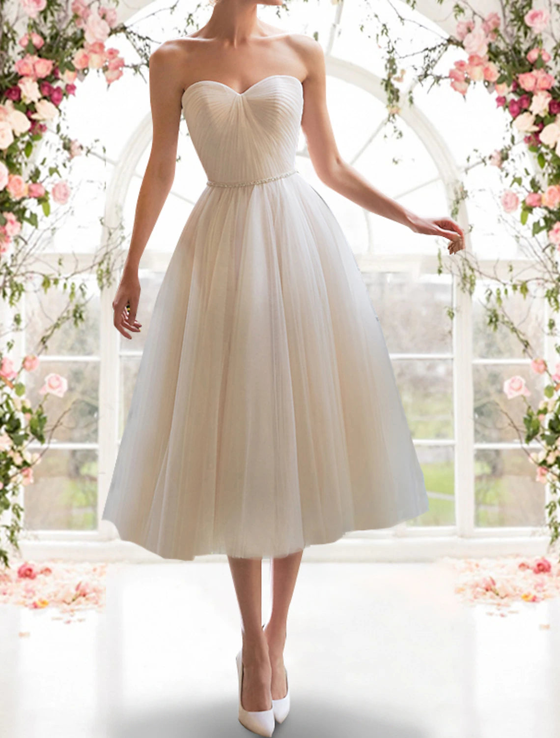 Wholesa Reception Little White Dresses Wedding Dresses A-Line Sweetheart Strapless Tea Length Tulle Bridal Gowns With Sashes / Ribbons Pleats