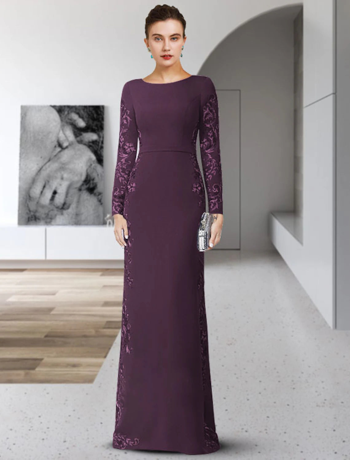 Wholesa  Sheath / Column Mother of the Bride Dress Formal Wedding Guest Party Elegant Scoop Neck Floor Length Chiffon Lace Long Sleeve with Sash / Ribbon Appliques