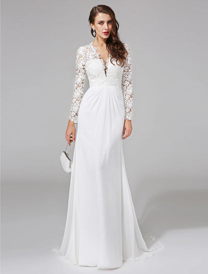 Wholesale Beach Royal Style Boho Wedding Dresses Sheath / Column Illusion Neck Long Sleeve Sweep / Brush Train Chiffon Bridal Gowns With Lace Button 2023 Summer Wedding Party