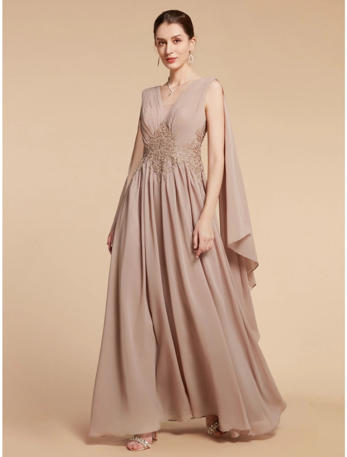 Wholesa  A-Line Mother of the Bride Dress Wedding Guest Elegant V Neck Ankle Length Chiffon Lace Sleeveless with Ruching Solid Color