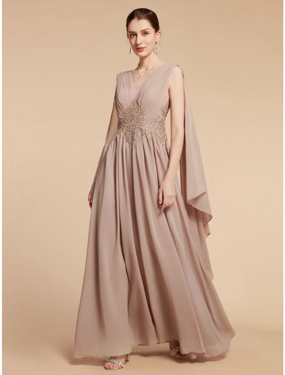 Wholesa  A-Line Mother of the Bride Dress Wedding Guest Elegant V Neck Ankle Length Chiffon Lace Sleeveless with Ruching Solid Color