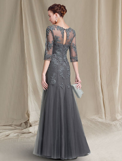 Wholesale A-Line Mother of the Bride Dress Luxurious Elegant Jewel Neck Floor Length Lace Tulle 3/4 Length Sleeve with Appliques