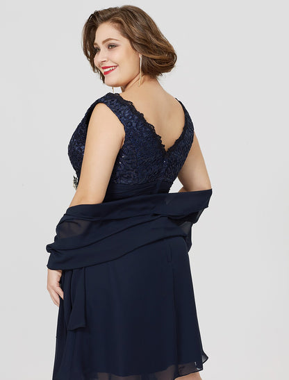 Wholesa A-Line Mother of the Bride Dress Classic & Timeless Plus Size Wrap Included V Neck Knee Length Chiffon Lace Sleeveless yes with Ruched Crystal Brooch