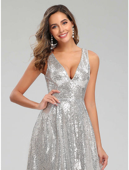 wholesale  A-Line Prom Dresses Sparkle Dress Wedding Guest Floor Length Sleeveless V Neck Polyester V Back with Sequin