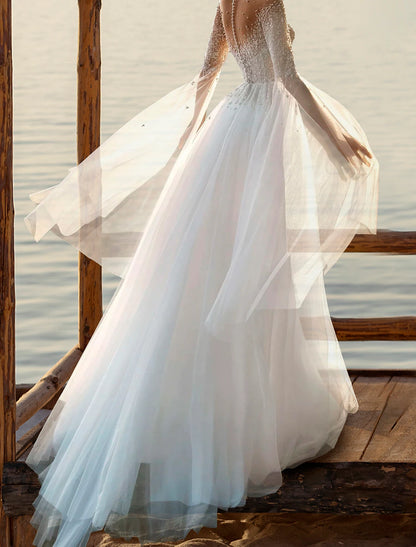 Wholesa Beach Boho Wedding Dresses A-Line Illusion Neck Long Sleeve Court Train Tulle Bridal Gowns With Beading Appliques