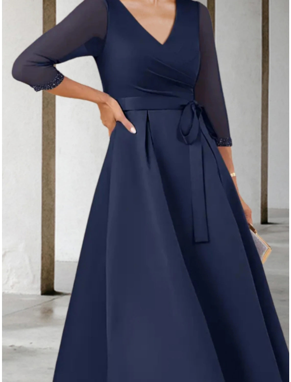 Wholesa  A-Line Mother of the Bride Dress Wedding Guest Elegant Petite V Neck Tea Length Stretch Chiffon 3/4 Length Sleeve with Bow(s) Crystals Ruching