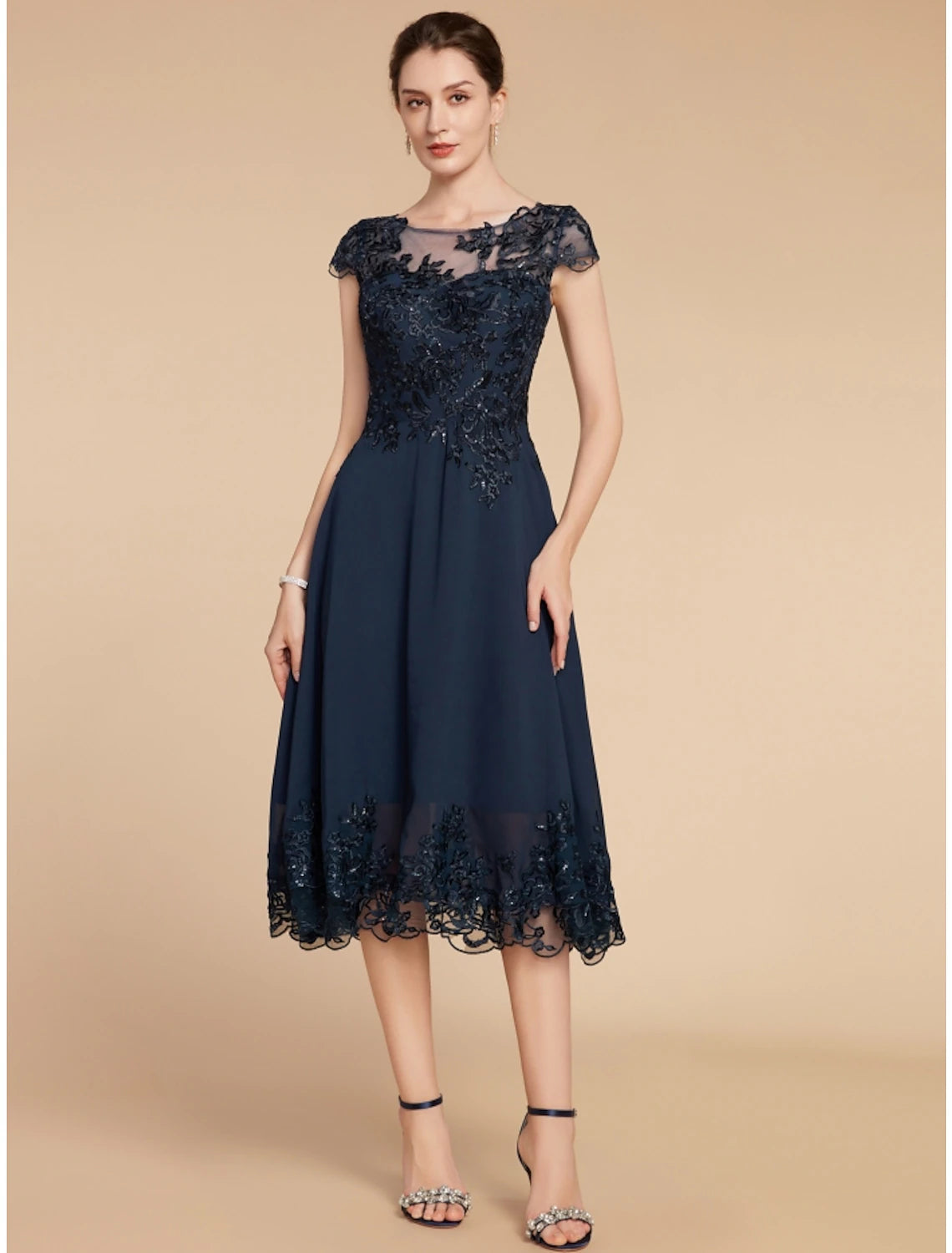 Wholesa  A-Line Mother of the Bride Dress Wedding Guest Elegant Petite Scoop Neck Tea Length Chiffon Lace Cap Sleeve with Sequin Ruching Solid Color