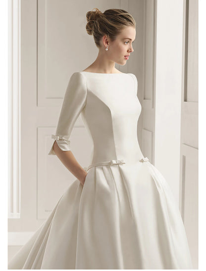 Wholesale Engagement Formal Fall Wedding Dresses A-Line Scoop Neck Half Sleeve Court Train Satin Bridal Gowns With Bow(s) Pleats Summer Wedding Party