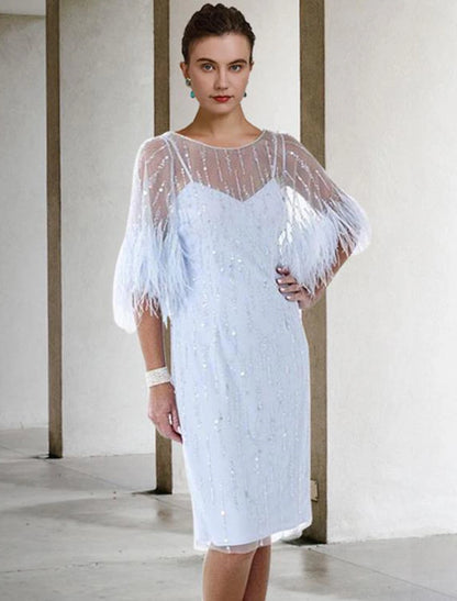 wholesale Sheath / Column Mother of the Bride Dress Fall Wedding Guest Sparkle & Shine Elegant Jewel Neck Knee Length Stretch Chiffon Half Sleeve with Feather Beading Sequin