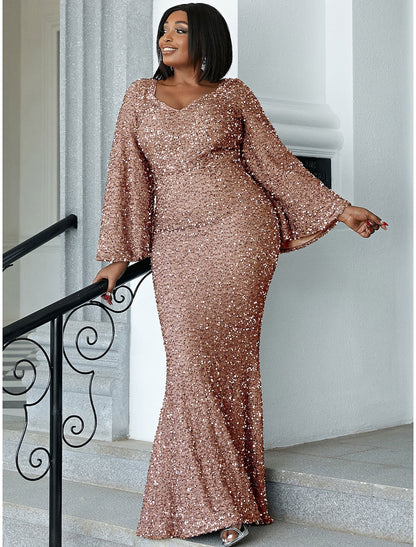 Wholesale Mermaid / Trumpet Wedding Guest Dresses Plus Size Dress Cocktail Party Floor Length Long Sleeve Scoop Neck Sequined with Glitter