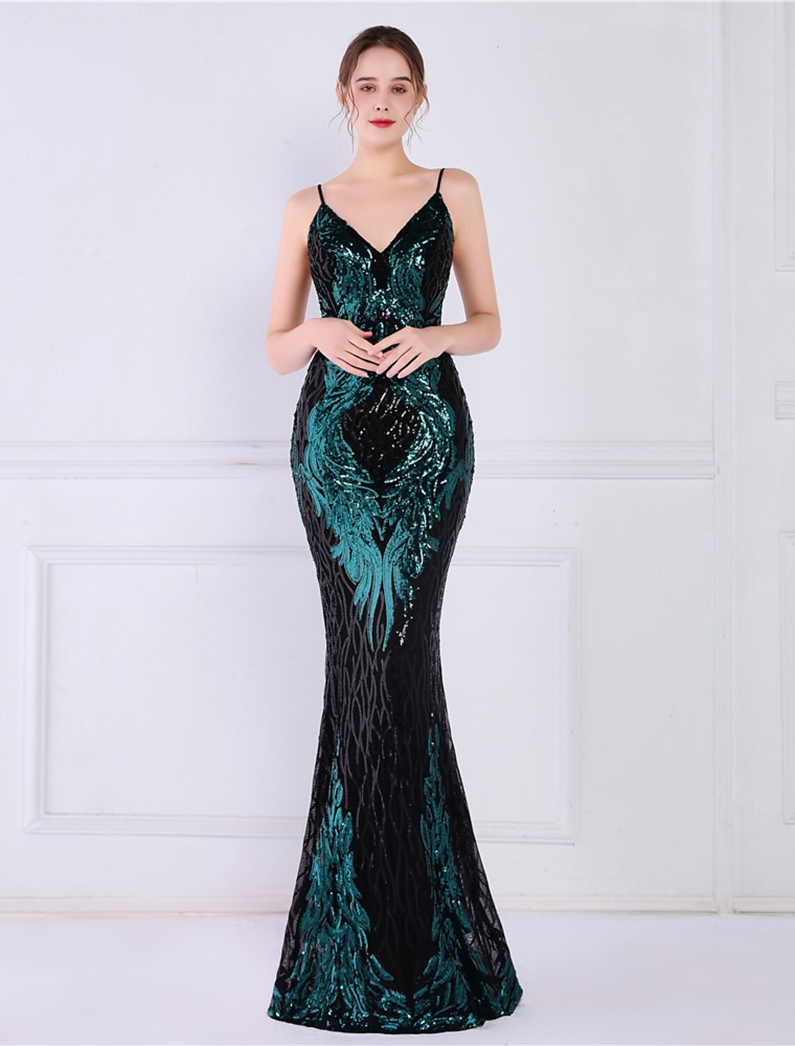 Wholesa Mermaid / Trumpet Evening Gown Sparkle & Shine Dress Formal Wedding Guest Floor Length Sleeveless Spaghetti Strap Sequined with Sequin