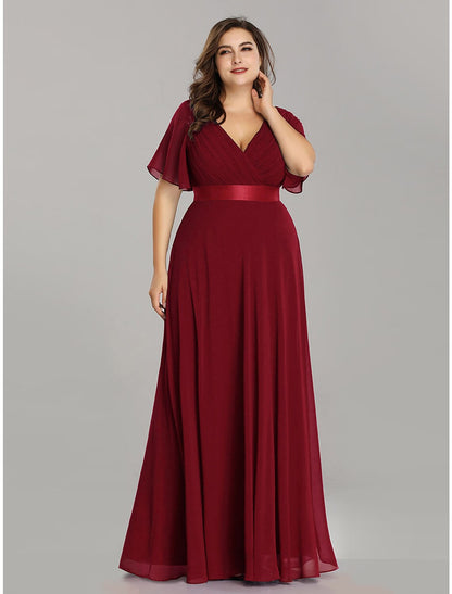 wholesale A-Line Mother of the Bride Dress Plus Size Elegant V Neck Floor Length Chiffon Short Sleeve with Sash / Ribbon Ruching