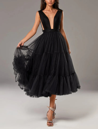 wholesale A-Line Prom Dresses Princess Dress Wedding Guest Tea Length Sleeveless V Neck Tulle with Bow(s) Pleats