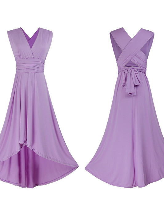 wholesale  A-Line Bridesmaid Dress V Neck Sleeveless Convertible Infinity Asymmetrical Spandex with Pleats / Solid Color