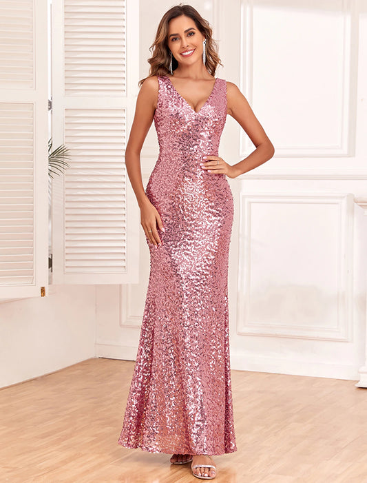 Wholesa Mermaid / Trumpet Evening Gown Elegant Dress Evening Party Prom Floor Length Sleeveless V Neck Bridesmaid Dress Sequined Backless with Sequin