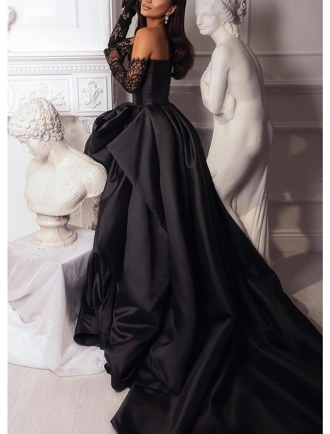 Wholesa A-Line Evening Gown Black Dress Plus Size Dress Carnival Masquerade Court Train Sleeveless Strapless Wednesday Addams Family Satin with Slit Pure Color Prom