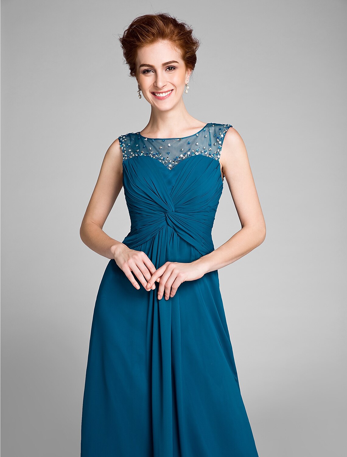 wholesale Sheath / Column Scoop Neck Sweep / Brush Train Chiffon Mother of the Bride Dress with Beading