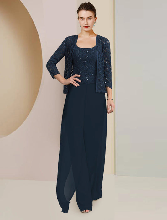 wholesale  Jumpsuit / Pantsuit 3 Piece Mother of the Bride Dress Formal Wedding Guest Plus Size Elegant Scoop Neck Floor Length Chiffon Lace Sleeveless Wrap Included with Sequin