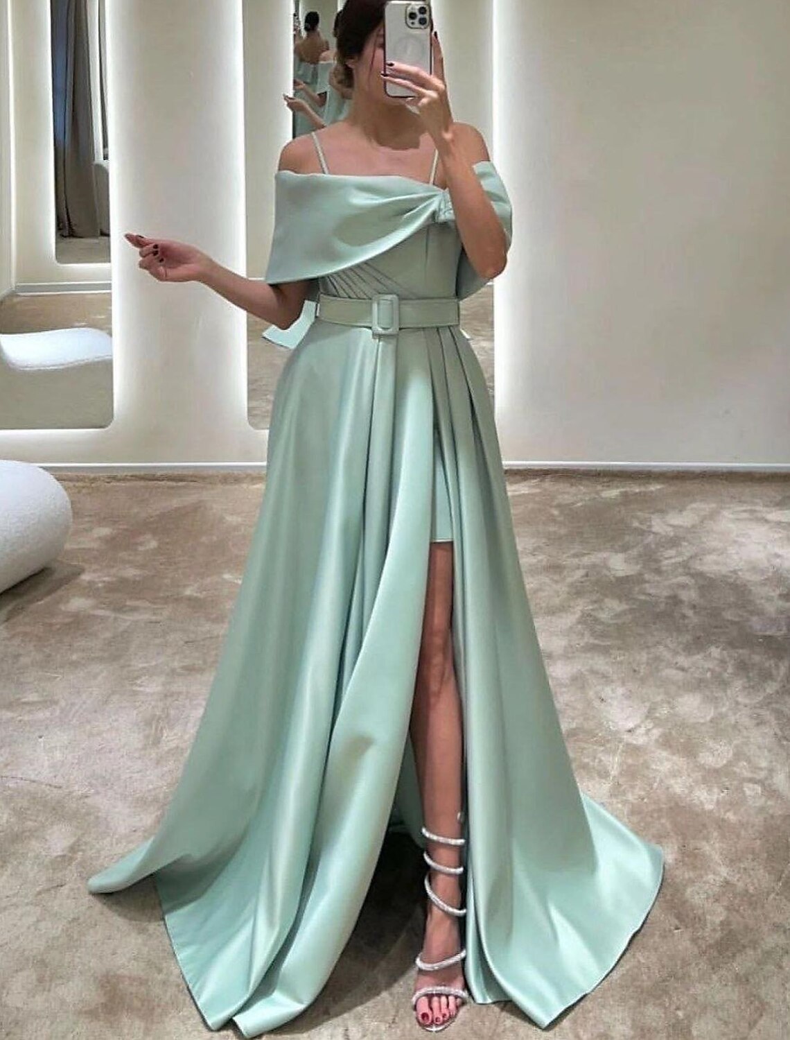 Wholesa A-Line Evening Gown Elegant Dress Formal Floor Length Sleeveless Off Shoulder Satin with Crystals Slit Strappy