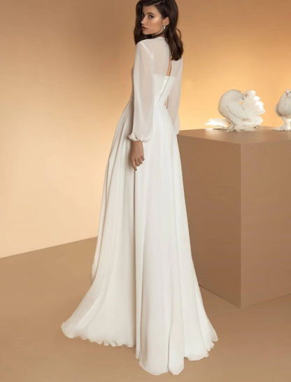 Wholesale Hall Casual Wedding Dresses A-Line Illusion Neck Long Sleeve Floor Length Chiffon Bridal Gowns With Summer Wedding Party