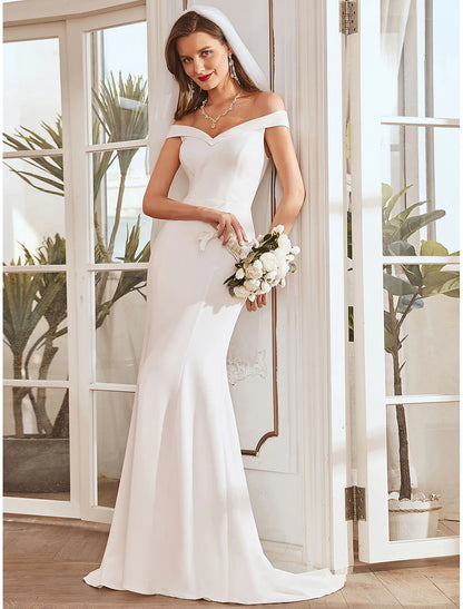 Wholesale Reception Casual Wedding Dresses Mermaid / Trumpet Off Shoulder Cap Sleeve Sweep / Brush Train Stretch Fabric Bridal Gowns With Pleats Draping  Summer Wedding Party