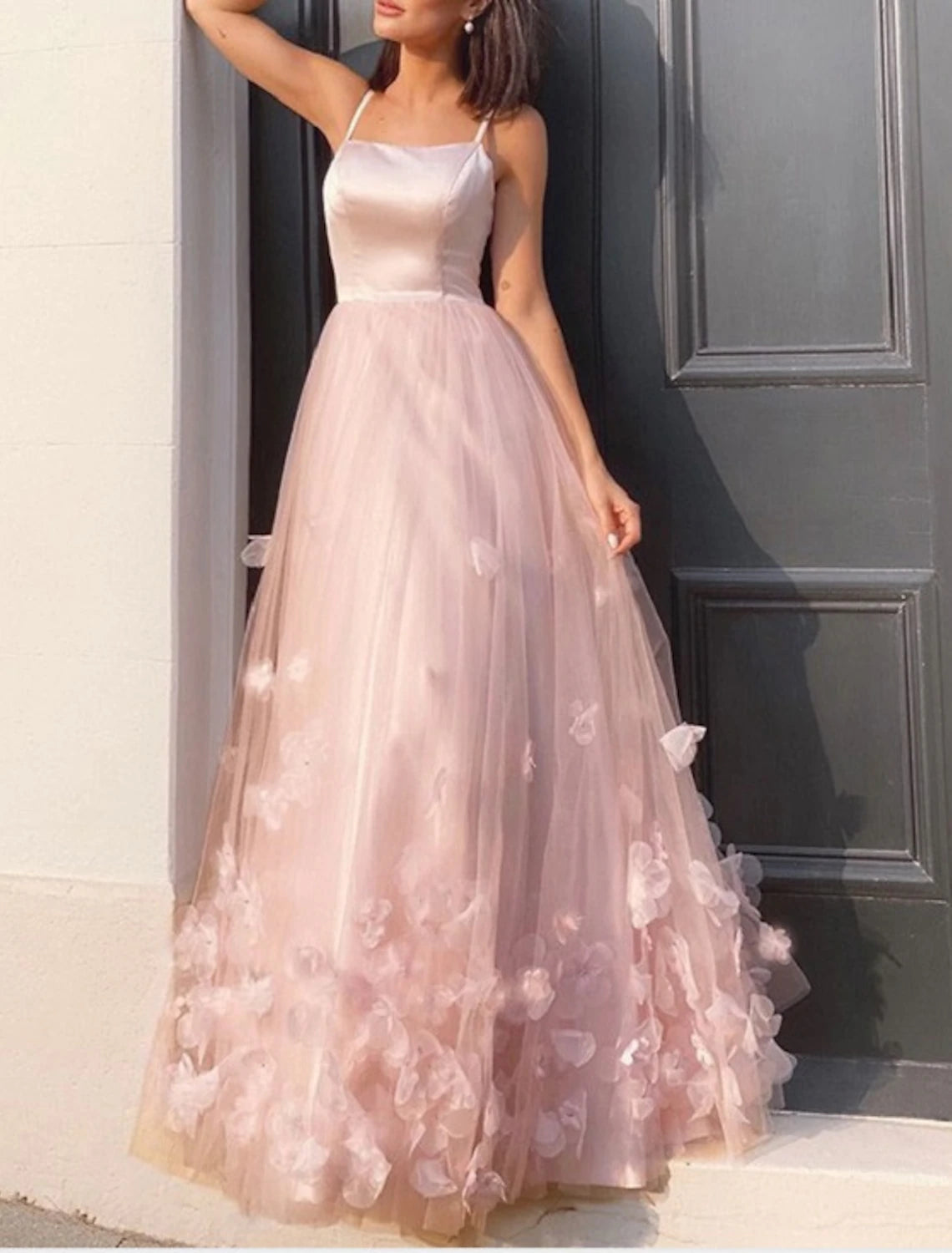 Wholesale A-Line Prom Dresses Floral Dress Performance Floor Length Sleeveless Spaghetti Strap Tulle with Pleats Appliques