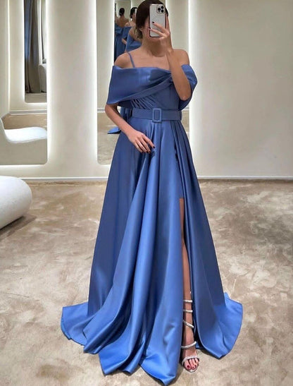 Wholesa A-Line Evening Gown Elegant Dress Formal Floor Length Sleeveless Off Shoulder Satin with Crystals Slit Strappy