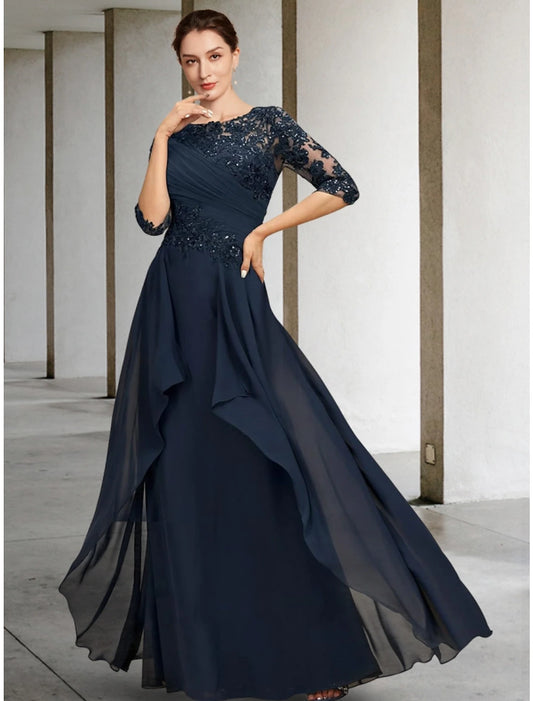 Wholesa  A-Line Mother of the Bride Dress Wedding Guest Elegant Scoop Neck Floor Length Chiffon Lace Half Sleeve with Sequin Ruching Solid Color