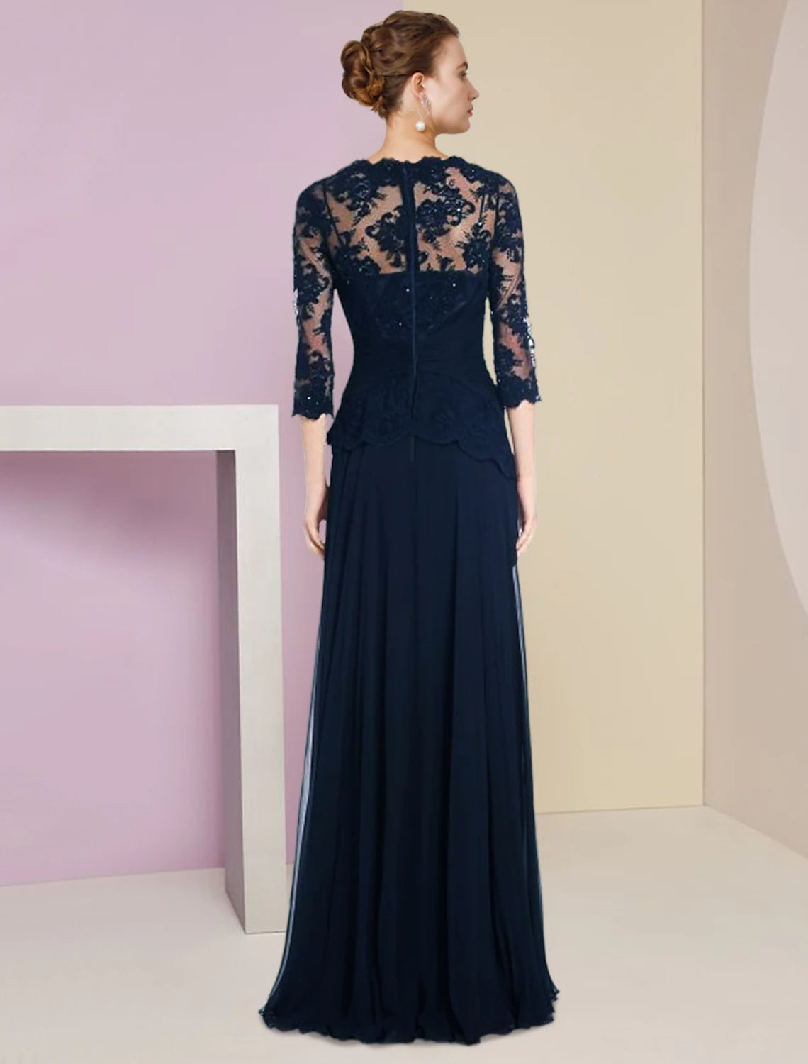 Wholesa A-Line Mother of the Bride Dress Formal Wedding Guest Elegant Scoop Neck Floor Length Chiffon Lace Half Sleeve with Pleats Appliques Crystal Brooch