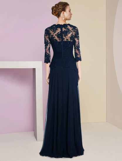 Wholesa A-Line Mother of the Bride Dress Formal Wedding Guest Elegant Scoop Neck Floor Length Chiffon Lace Half Sleeve with Pleats Appliques Crystal Brooch