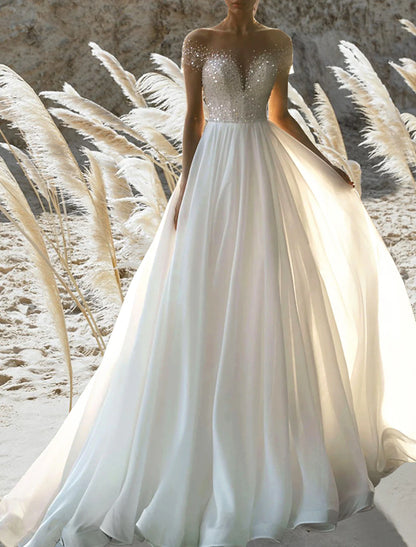 Wholesa Beach Formal Wedding Dresses A-Line Off Shoulder Short Sleeve Court Train Chiffon Bridal Gowns With Pleats Beading