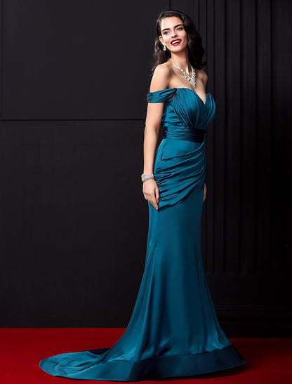 Wholesa Mermaid / Trumpet Sexy Dress Engagement Formal Evening Court Train Sleeveless Off Shoulder Satin Chiffon with Ruched Draping