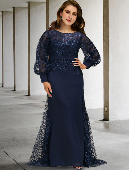 Wholesa  Mermaid / Trumpet Mother of the Bride Dresses Plus Size Hide Belly Curve Vintage Dress Formal Sweep / Brush Train Long Sleeve Jewel Neck Chiffon with Sequin Ruffles