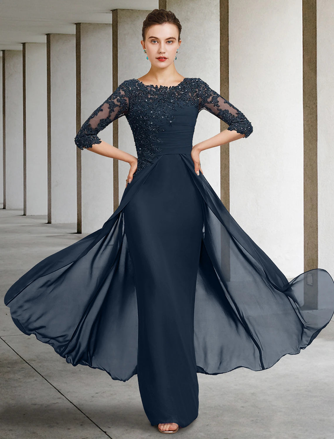 Wholesa Sheath / Column Mother of the Bride Dress Wedding Guest Elegant Jewel Neck Floor Length Chiffon Lace Half Sleeve with Sequin Ruching Solid Color