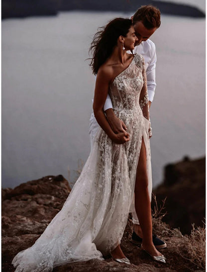 Wholesale Beach Sexy Boho Wedding Dresses A-Line One Shoulder Long Sleeve Sweep / Brush Train Lace Bridal Gowns With Split Front Summer Wedding Party